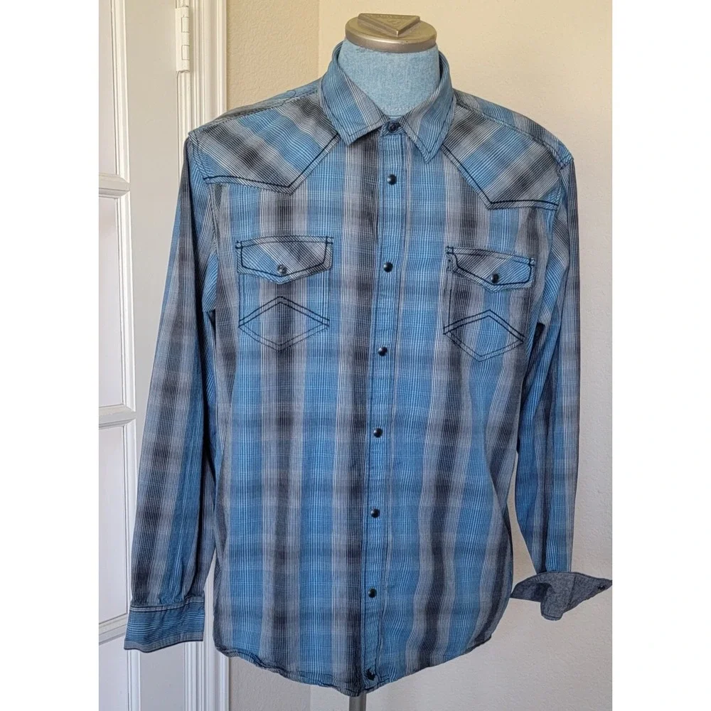 Cody James Long Sleeve Pearl Snap‎ Shirt Men's XL Sky Blue Black&White Striped